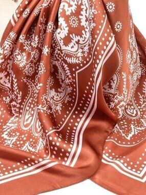 RUST & WHITE Bandana Poly-Silk 27” Square SCARF by ORNAMENTS NEW